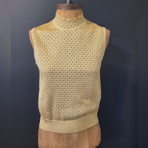 St. John Mock Open Knit Metallic Gold Top Size P